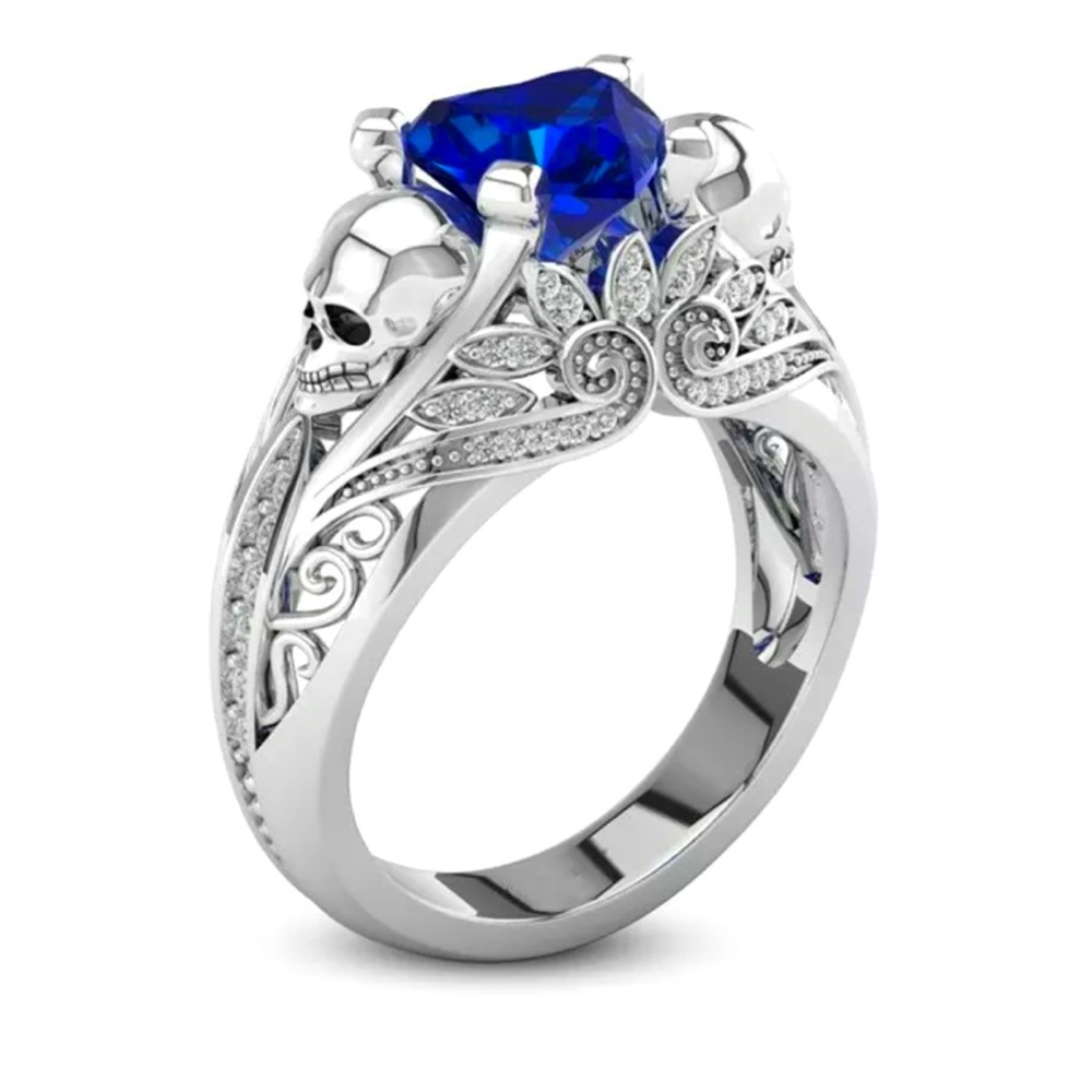 Skull & Sapphire Heart Fancy Silver Ring